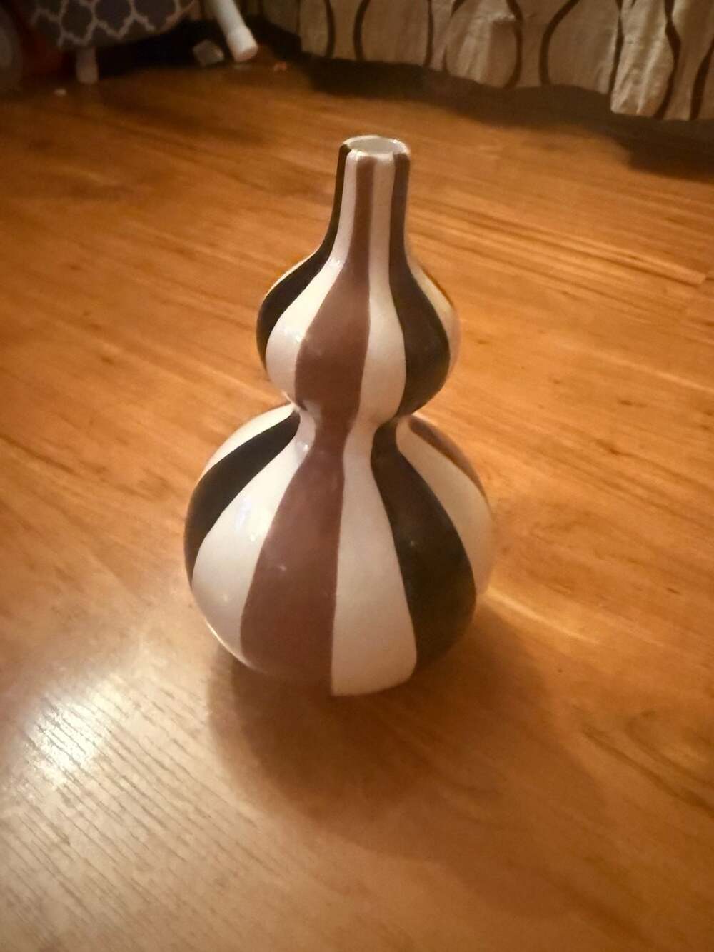 Jonathan Adler Happy Home Stripes Bulbous Gourd Ceramic Vase White Black Brown